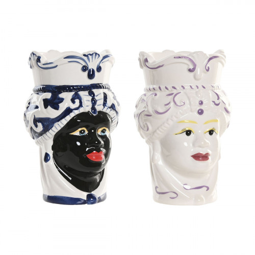 Kvetináč Home ESPRIT Modrá Biela Čierna Porcelán 12 x 12 x 20 cm (2 kusov)